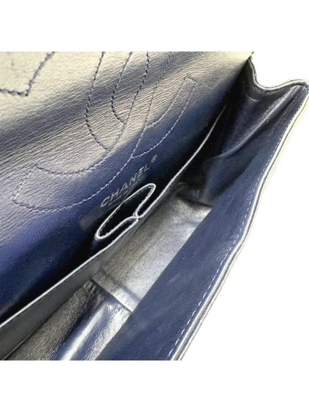 Chanel 2.55 Large Flap Shoulder Bag Aged Calfskin Navy Silver Mademoiselle Lock